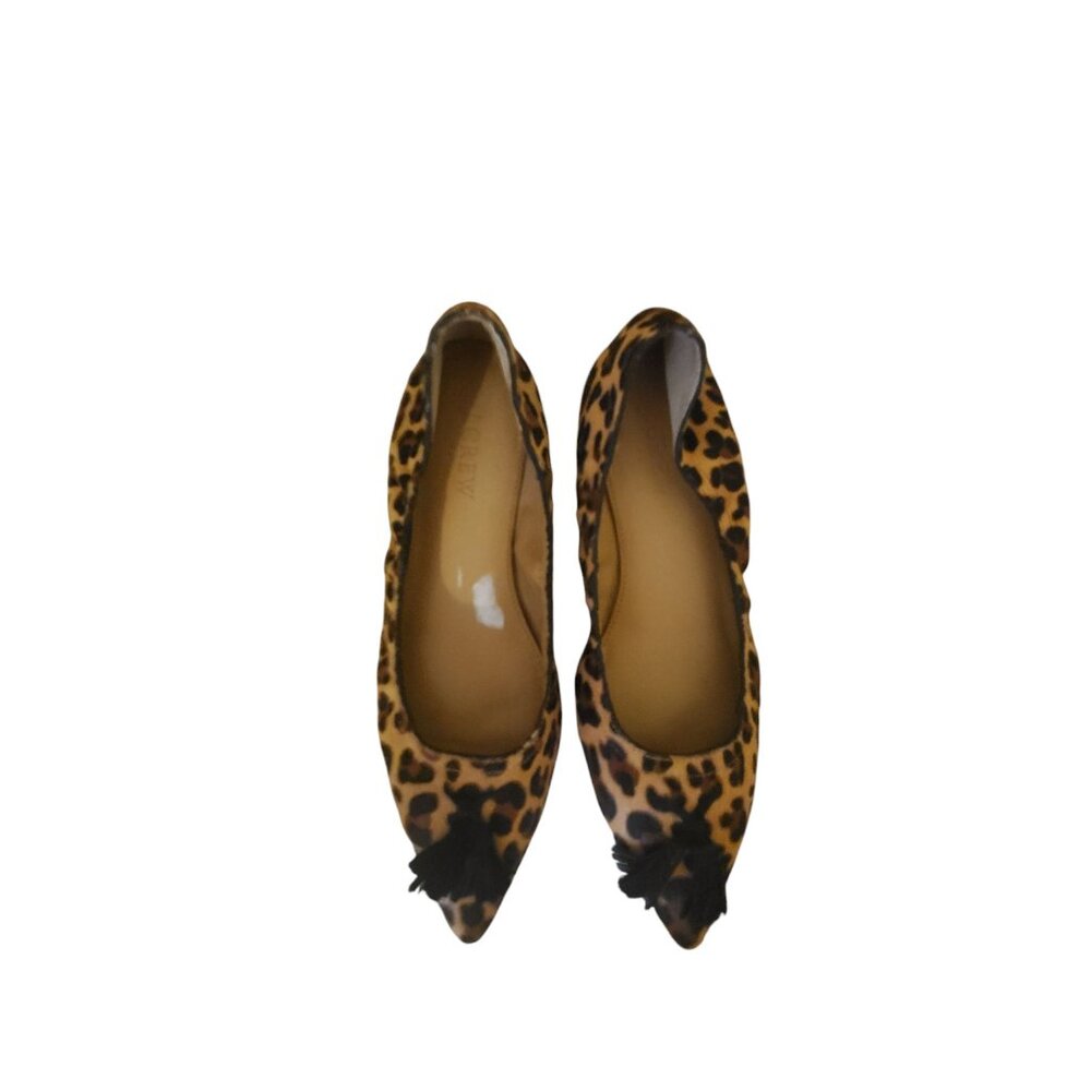 J Crew Factory leopard flats shoes womens 6.5 6 1/2 calf hair pointed tassels